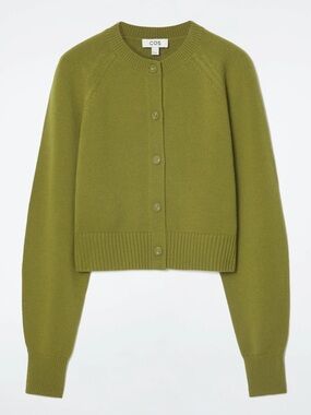 COS Olive Wool Crewneck Button-Front Cardigan